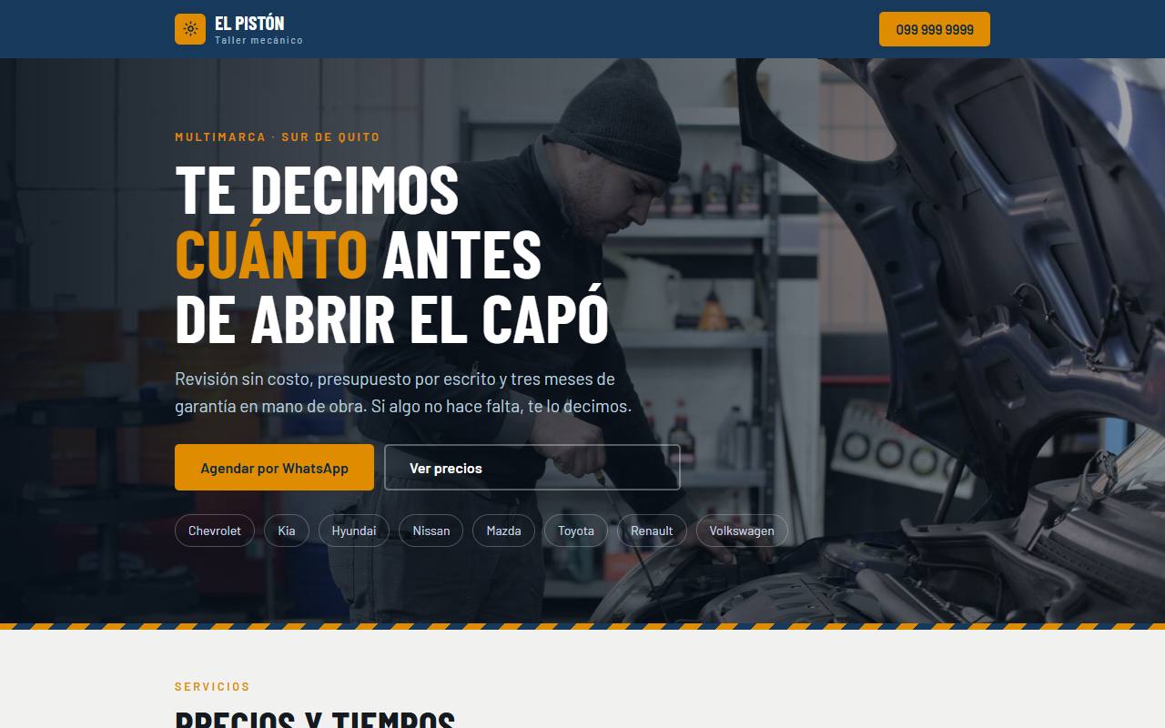 Página de ejemplo de un taller mecánico